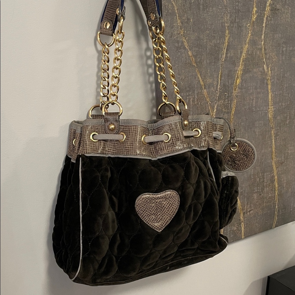 Juicy Couture Black Quilted Velvet Shoulder Bag with Taupe Accents